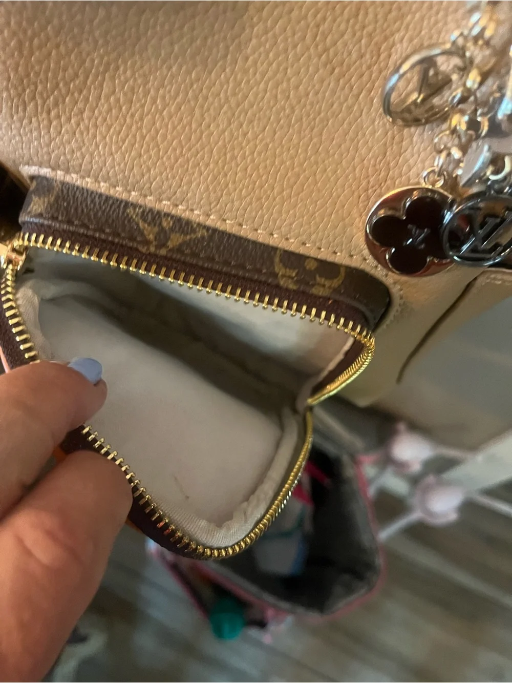 Louis Vuitton style  Tan Shoulder Bag with Monogram Front Pockets